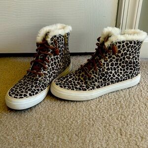 Sperry Top Sider Crest Faux Fur High Top Sneaker Animal Print Tan 6.5M